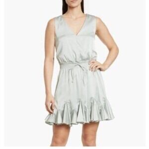 LOVE X DESIGN Light Blue Ruched Waist V Neck Sleeveless Mini Dress Size L